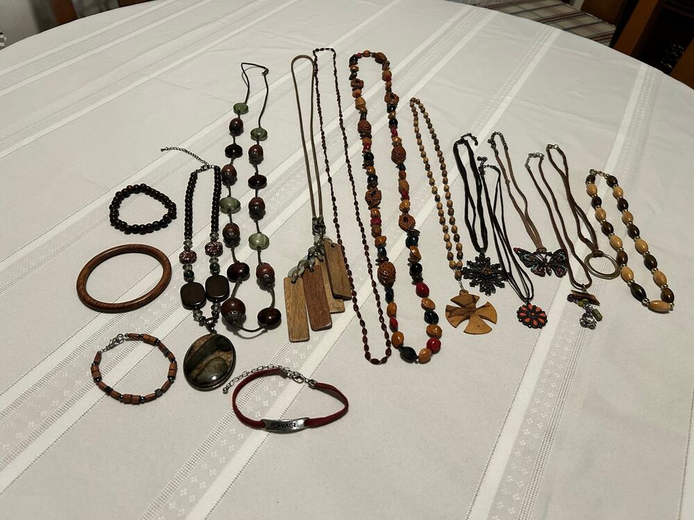 Vintage Nature Mixed Lot 16Pc Wood Leather Seed Bead Necklace Bracelet Lot